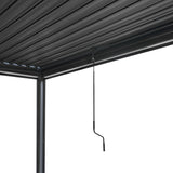 Anthrazitfarbene Aluminium-Pergola mit LED-Beleuchtung, 3 m x 3 m, zeigt die strukturierte Decke und einen Bedienhebel für die Lamellenverstellung