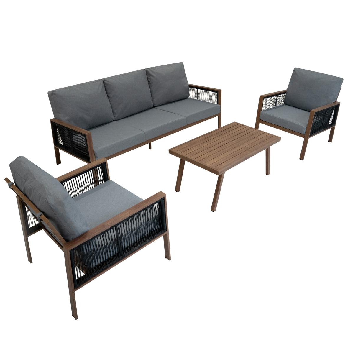 4-teilige Aluminium-Sofagarnitur mit schwarzer Rattan-Aufbewahrungsbox – Holz