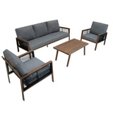 4-teilige Aluminium-Sofagarnitur mit schwarzer Rattan-Aufbewahrungsbox – Holz