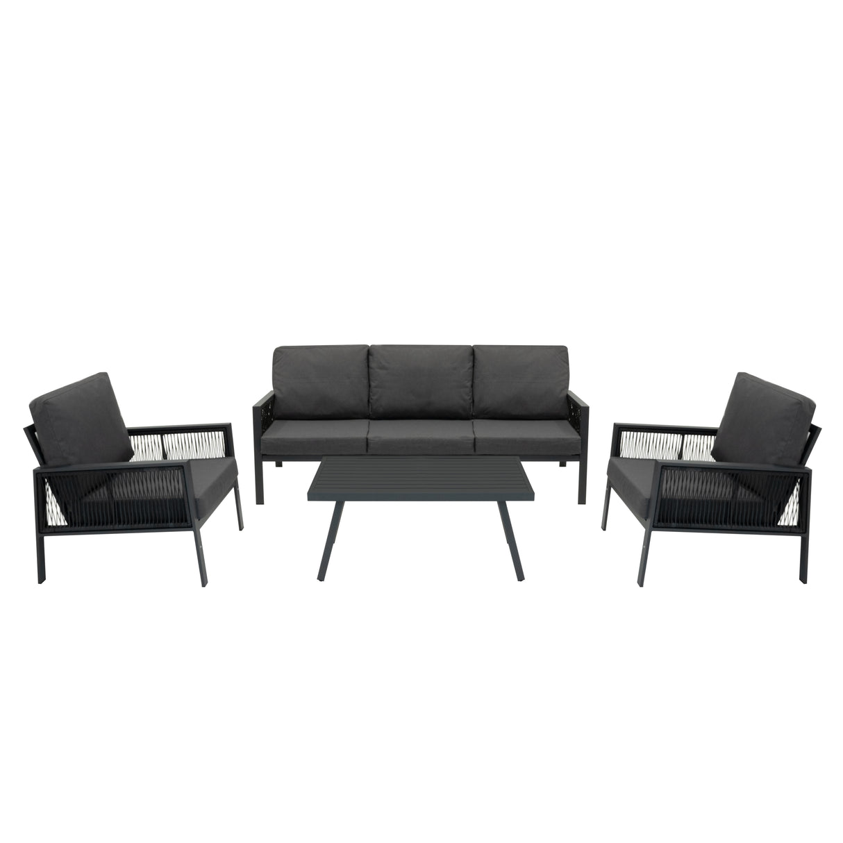 4-teilige Aluminium-Sofagarnitur mit schwarzer Rattan-Aufbewahrungsbox – Anthrazitgrau
