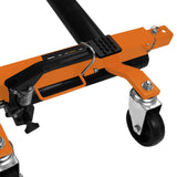 Hydraulischer Positionierungsschlitten in leuchtendem Orange mit robusten Rädern und einem stabilen, schwarzen Rahmen für präzise Bewegungen