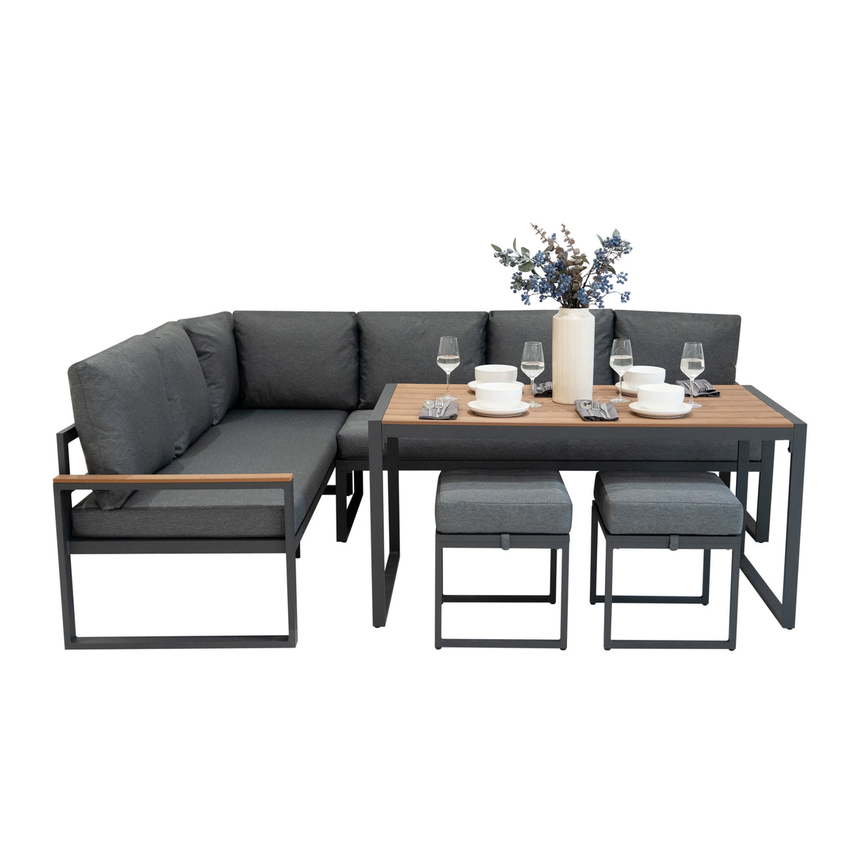 Aluminium 5-teiliges Ecksofa-Set mit schwarzer Rattan-Aufbewahrungsbox - Holz