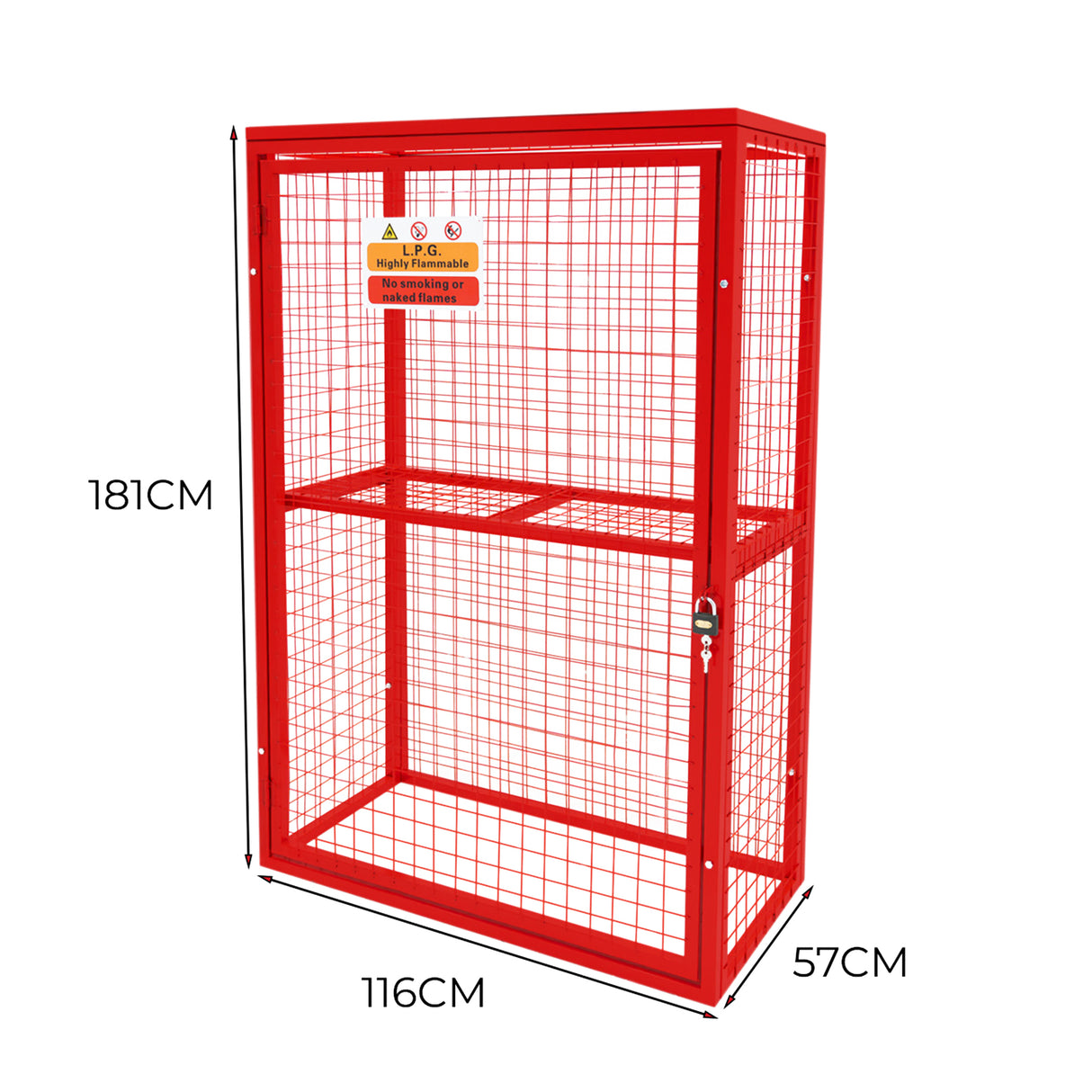 Robuster, zusammenklappbarer Gasflaschenschrank in leuchtendem Rot, aus stabilem Metallgitter, Maße 181 cm x 116 cm x 57 cm, mit Sicherheitsschloss