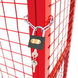 Roter, zusammenklappbarer Drahtkäfig aus robustem Gasflaschenmaterial mit einem stabilen Schloss und Schlüssel, ideal für sichere Aufbewahrung