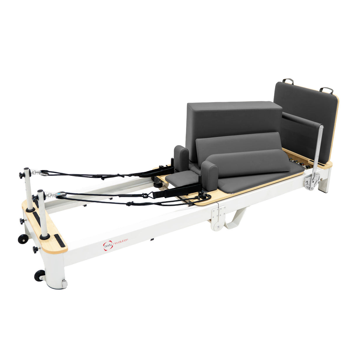 Pilates Reformer Maschine aus Aluminium mit grauem Polster, verstellbaren Seilen und stabiler Struktur für effektives Training