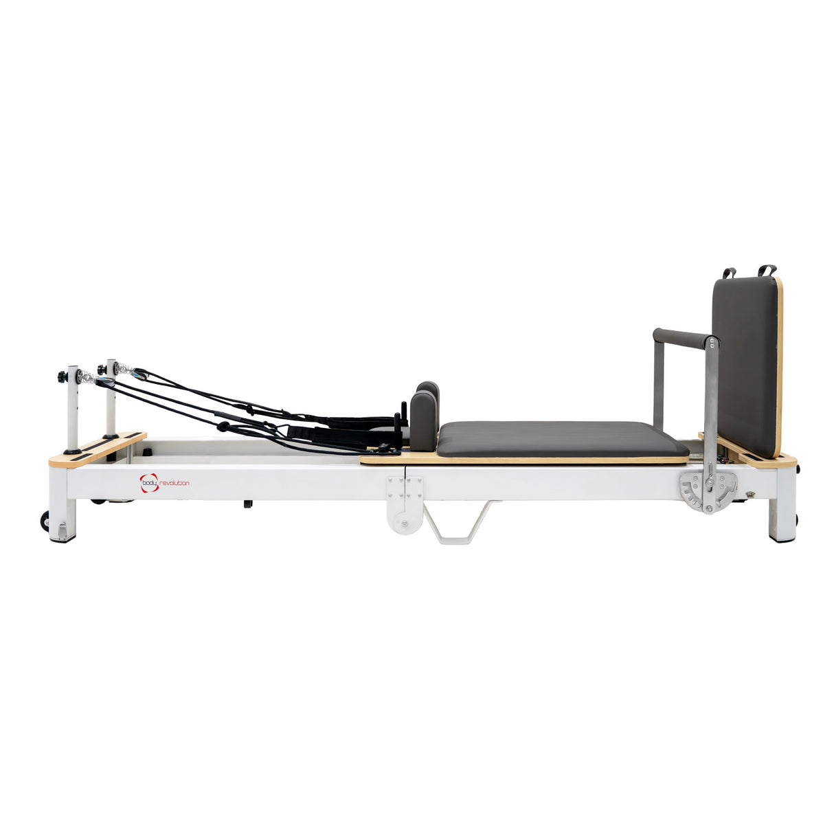 Pilates Reformer Maschine aus Aluminium mit grauem Polster, verstellbarem Kopfteil und elastischen Widerstandsbändern für vielseitiges Training