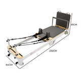 Pilates Reformer Maschine aus Aluminium mit grauem Polster, verstellbaren Riemen und Rollen für einfache Mobilität, Maße 232x81x64 cm