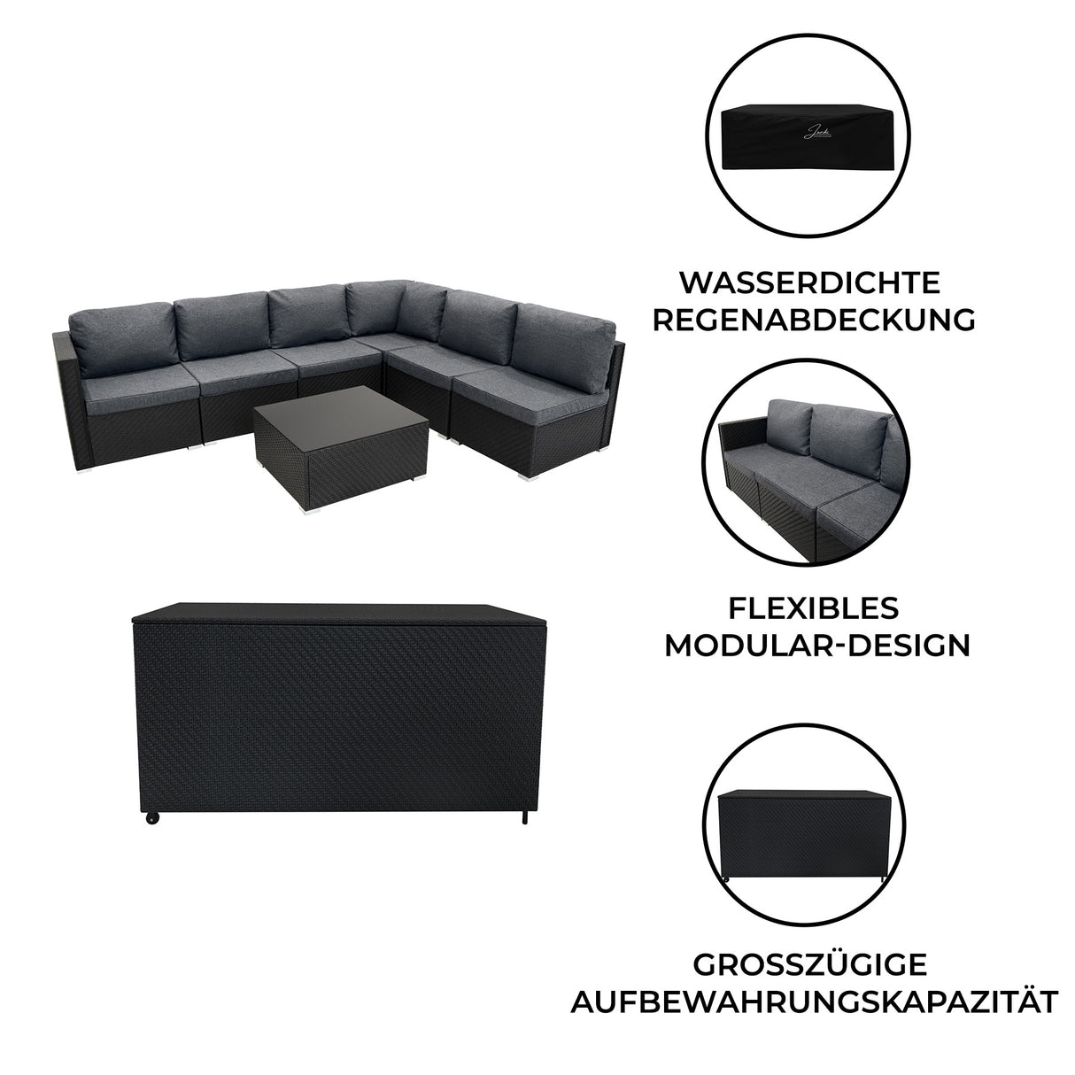Rattan Modulares 7-teiliges Möbelset mit Aufbewahrungsbox 700L - Schwarz