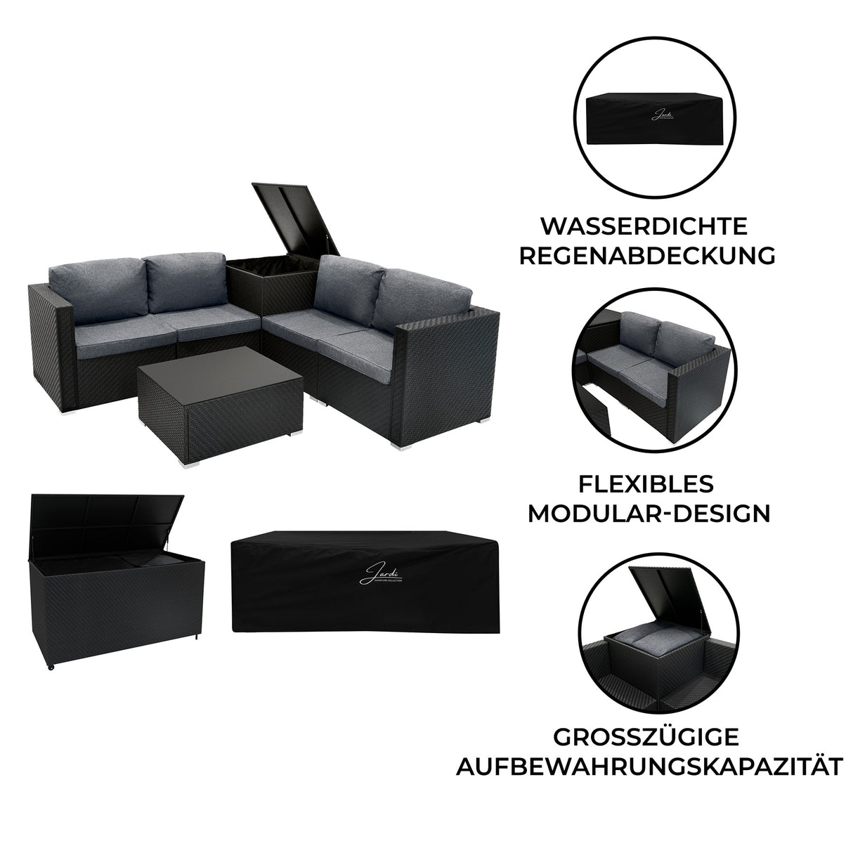 Rattan Modulares 6-teiliges Möbelset mit Aufbewahrungsbox 700L - Schwarz