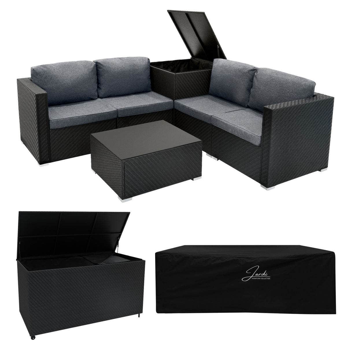 Serafina Rattan Modulares 6-teiliges Möbelset mit Aufbewahrungsbox 996L - Schwarz