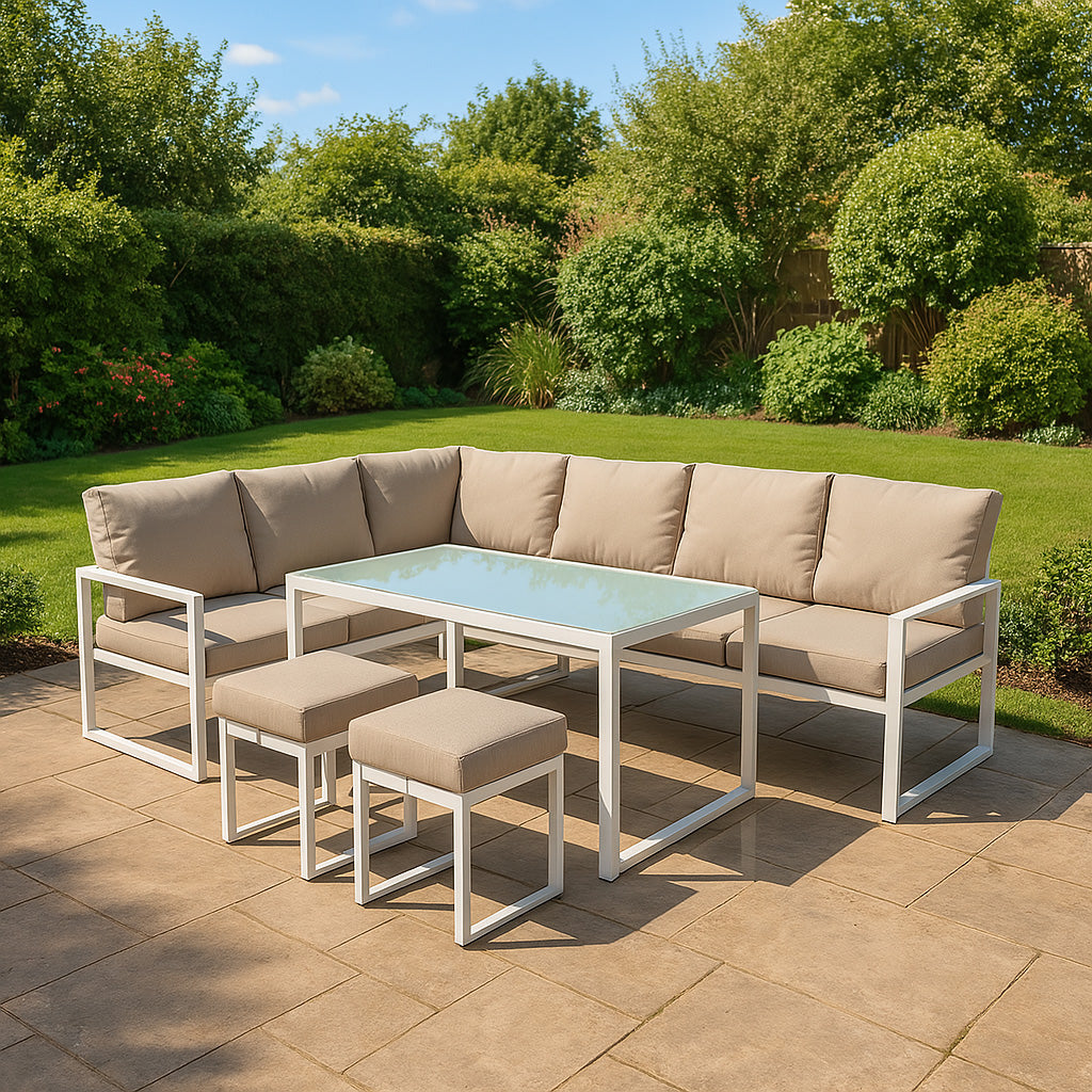 Aluminium 5-teiliges Ecksofa-Set mit schwarzer Rattan-Aufbewahrungsbox - Weiß