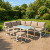 Aluminium 5-teiliges Ecksofa-Set mit schwarzer Rattan-Aufbewahrungsbox - Weiß