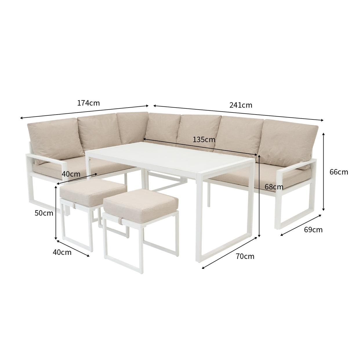 Aluminium 5-teiliges Ecksofa-Set mit schwarzer Rattan-Aufbewahrungsbox - Weiß