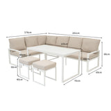 Aluminium 5-teiliges Ecksofa-Set mit schwarzer Rattan-Aufbewahrungsbox - Weiß
