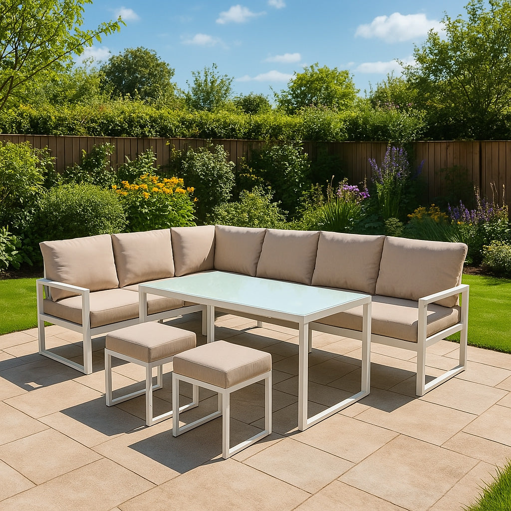 Aluminium 5-teiliges Ecksofa-Set mit schwarzer Rattan-Aufbewahrungsbox - Weiß