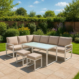 Aluminium 5-teiliges Ecksofa-Set mit schwarzer Rattan-Aufbewahrungsbox - Weiß