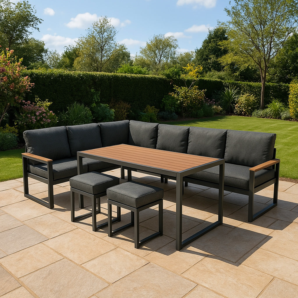 Aluminium 5-teiliges Ecksofa-Set mit schwarzer Rattan-Aufbewahrungsbox - Holz