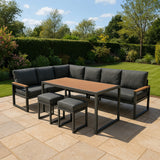 Aluminium 5-teiliges Ecksofa-Set mit schwarzer Rattan-Aufbewahrungsbox - Holz