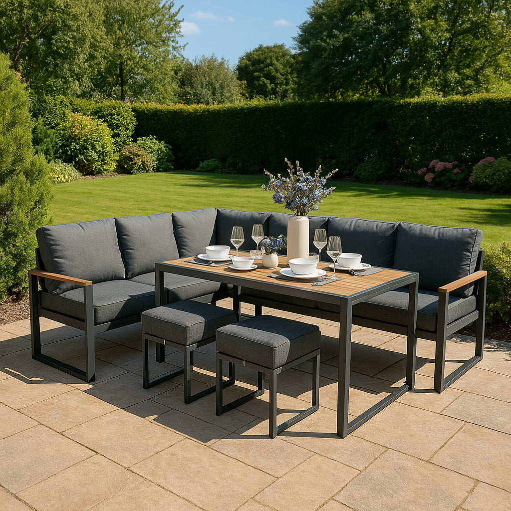 Aluminium 5-teiliges Ecksofa-Set mit schwarzer Rattan-Aufbewahrungsbox - Holz