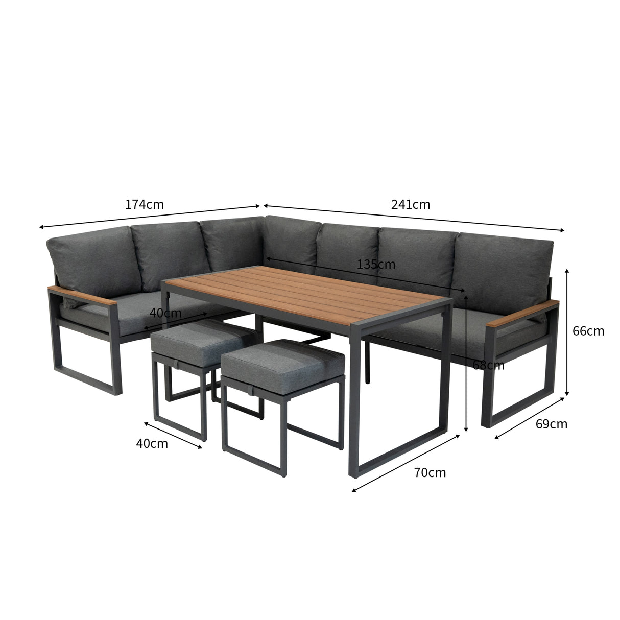 Aluminium 5-teiliges Ecksofa-Set mit schwarzer Rattan-Aufbewahrungsbox - Holz