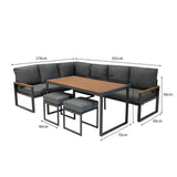 Aluminium 5-teiliges Ecksofa-Set mit schwarzer Rattan-Aufbewahrungsbox - Holz