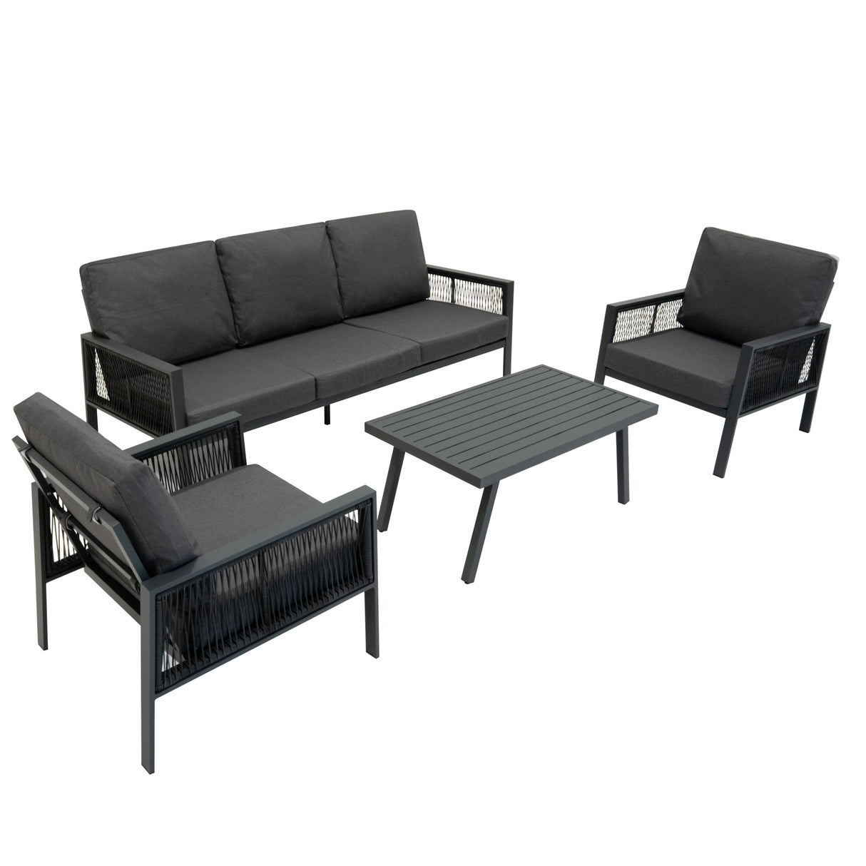 4-teilige Aluminium-Sofagarnitur mit schwarzer Rattan-Aufbewahrungsbox – Anthrazitgrau