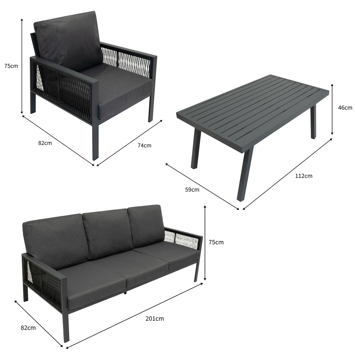 4-teilige Aluminium-Sofagarnitur mit schwarzer Rattan-Aufbewahrungsbox – Anthrazitgrau