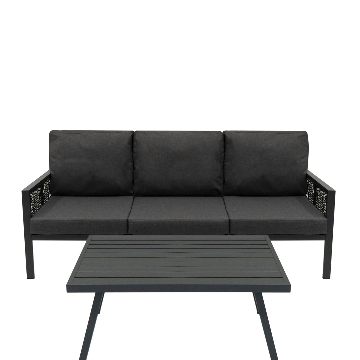 4-teilige Aluminium-Sofagarnitur mit schwarzer Rattan-Aufbewahrungsbox – Anthrazitgrau