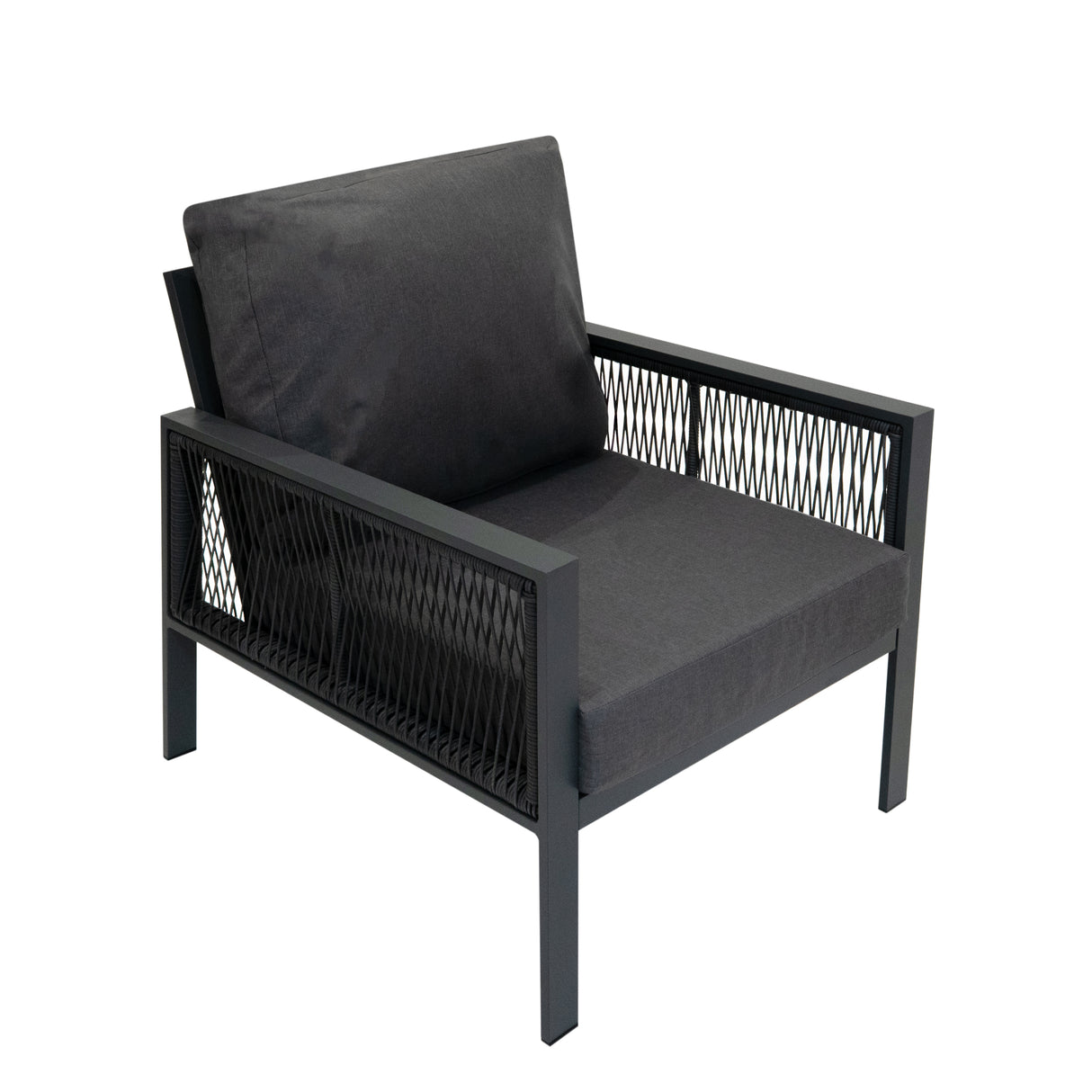 4-teilige Aluminium-Sofagarnitur mit schwarzer Rattan-Aufbewahrungsbox – Anthrazitgrau