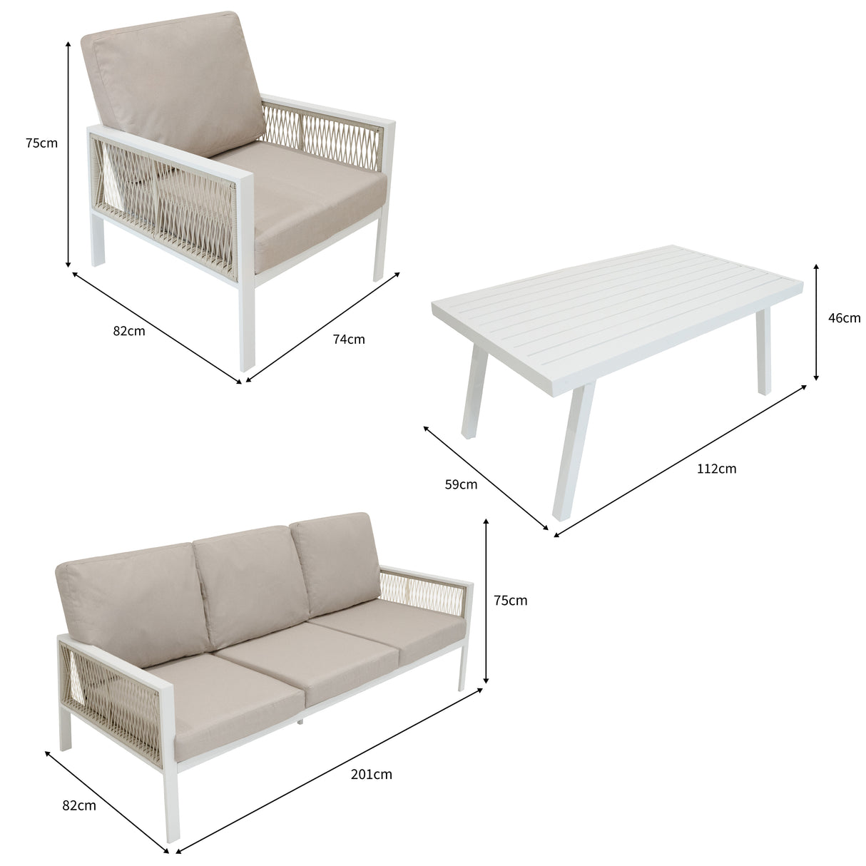4-teilige Aluminium-Sofagarnitur mit schwarzer Rattan-Aufbewahrungsbox – Weiß