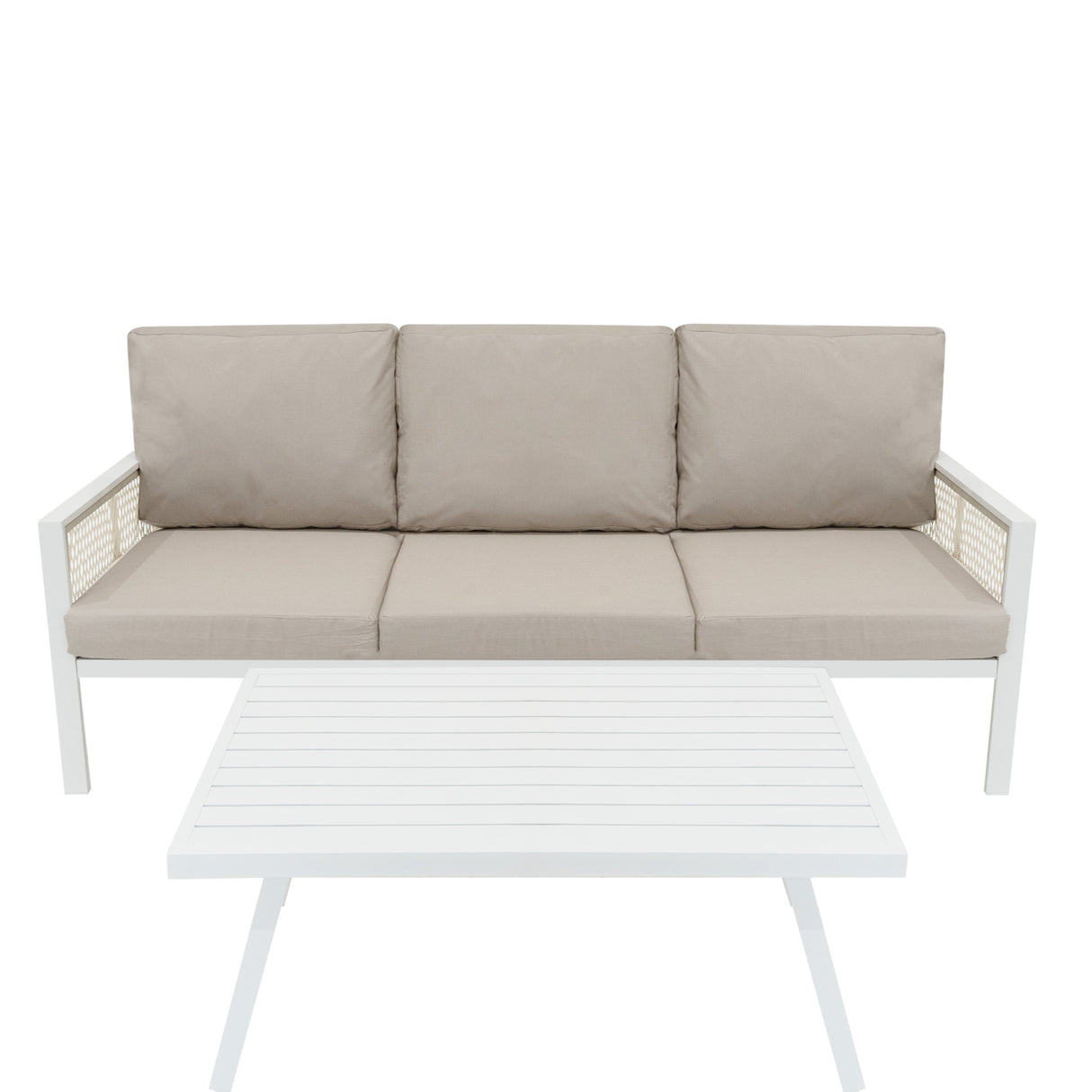 4-teilige Aluminium-Sofagarnitur mit schwarzer Rattan-Aufbewahrungsbox – Weiß