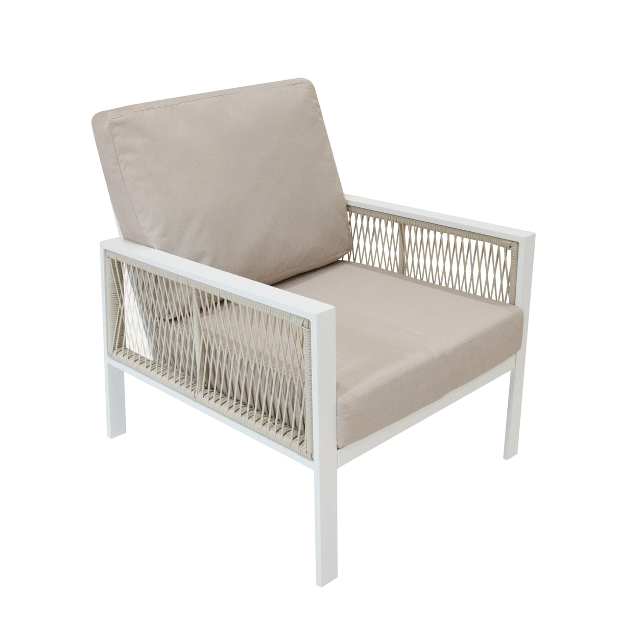 4-teilige Aluminium-Sofagarnitur mit schwarzer Rattan-Aufbewahrungsbox – Weiß
