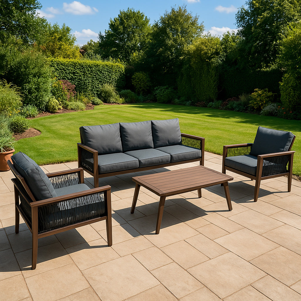 4-teilige Aluminium-Sofagarnitur mit schwarzer Rattan-Aufbewahrungsbox – Holz