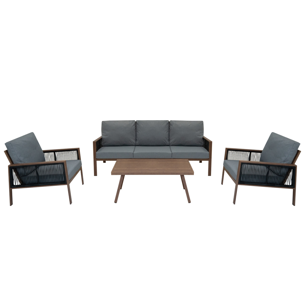 4-teilige Aluminium-Sofagarnitur mit schwarzer Rattan-Aufbewahrungsbox – Holz