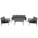 4-teilige Aluminium-Sofagarnitur mit schwarzer Rattan-Aufbewahrungsbox – Holz