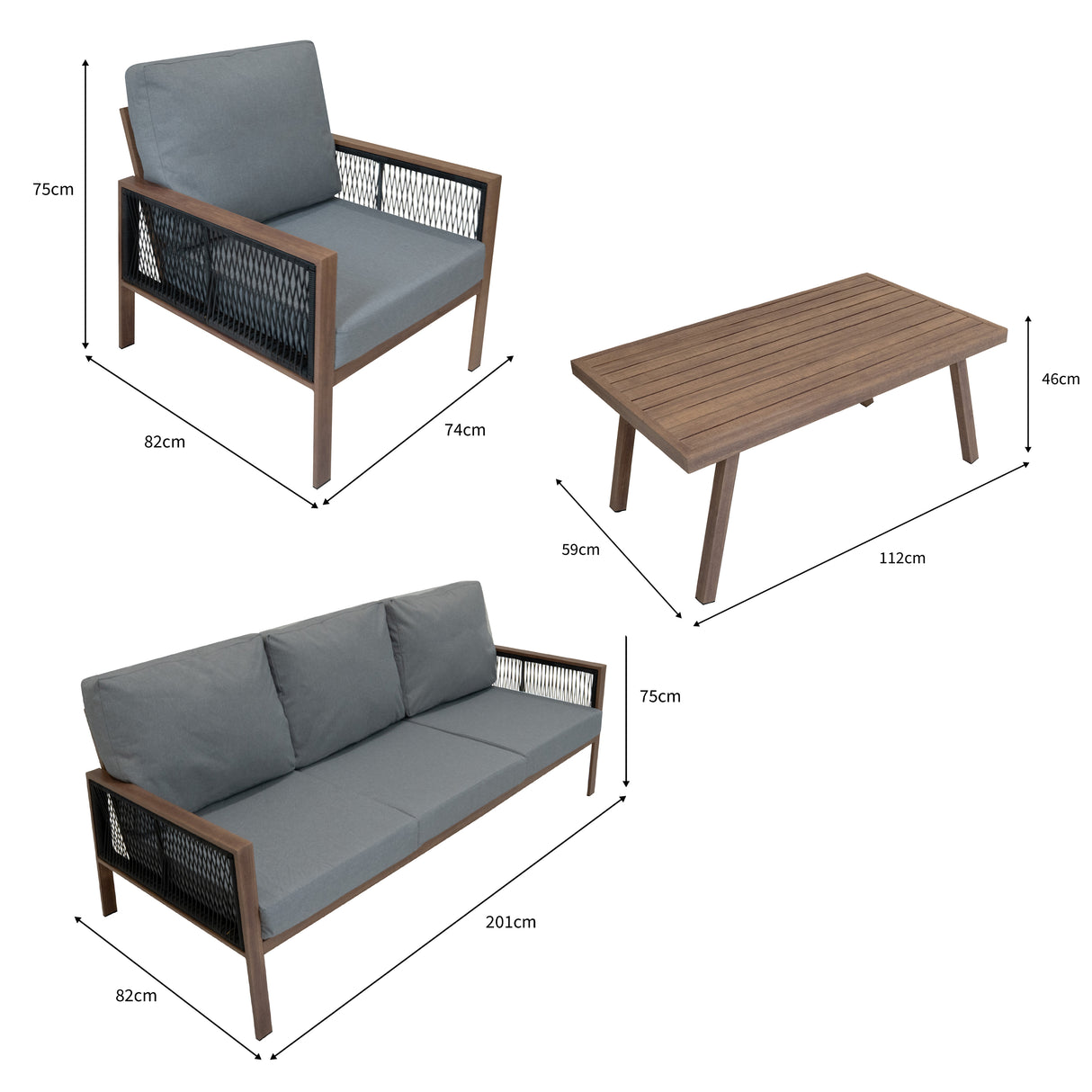 4-teilige Aluminium-Sofagarnitur mit schwarzer Rattan-Aufbewahrungsbox – Holz
