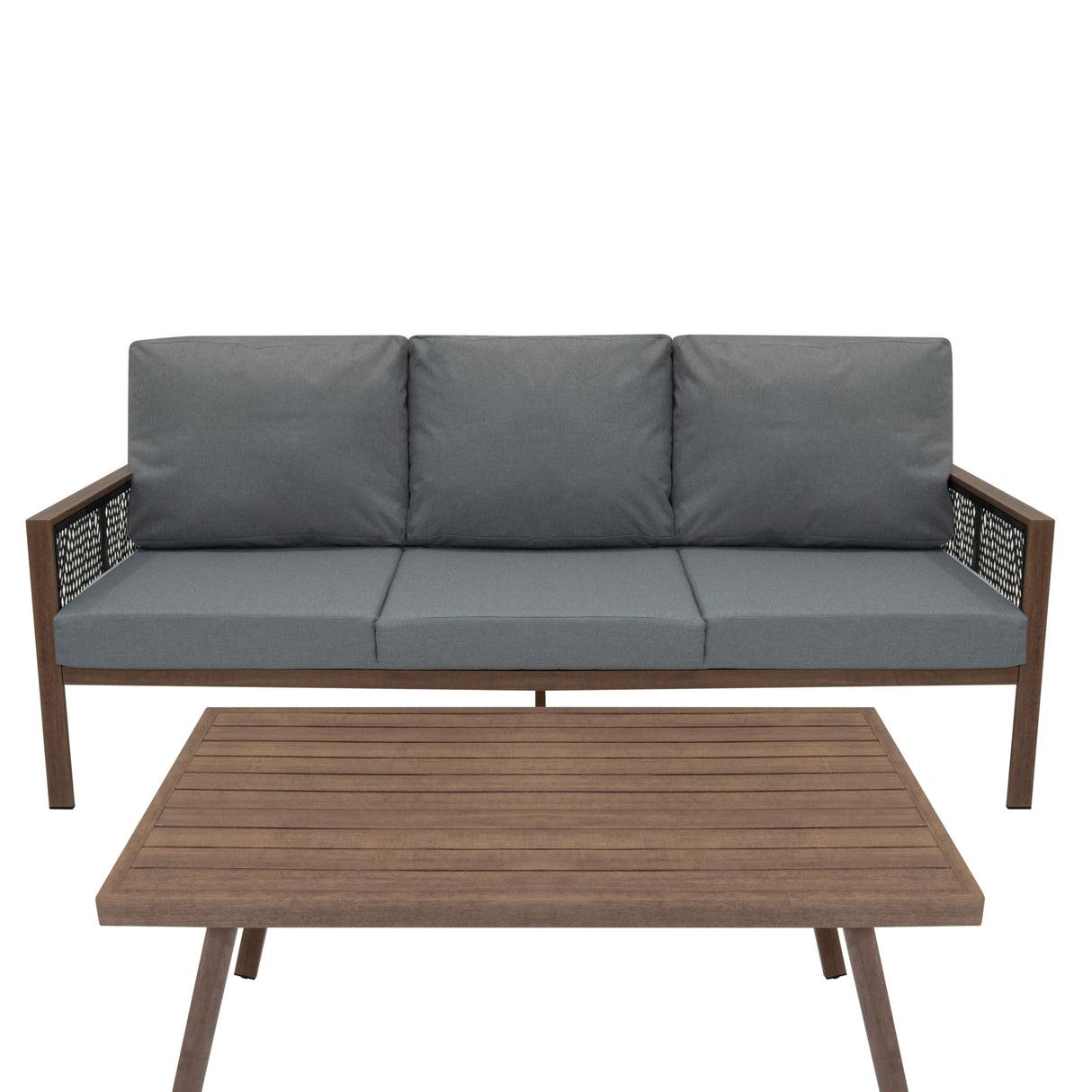 4-teilige Aluminium-Sofagarnitur mit schwarzer Rattan-Aufbewahrungsbox – Holz
