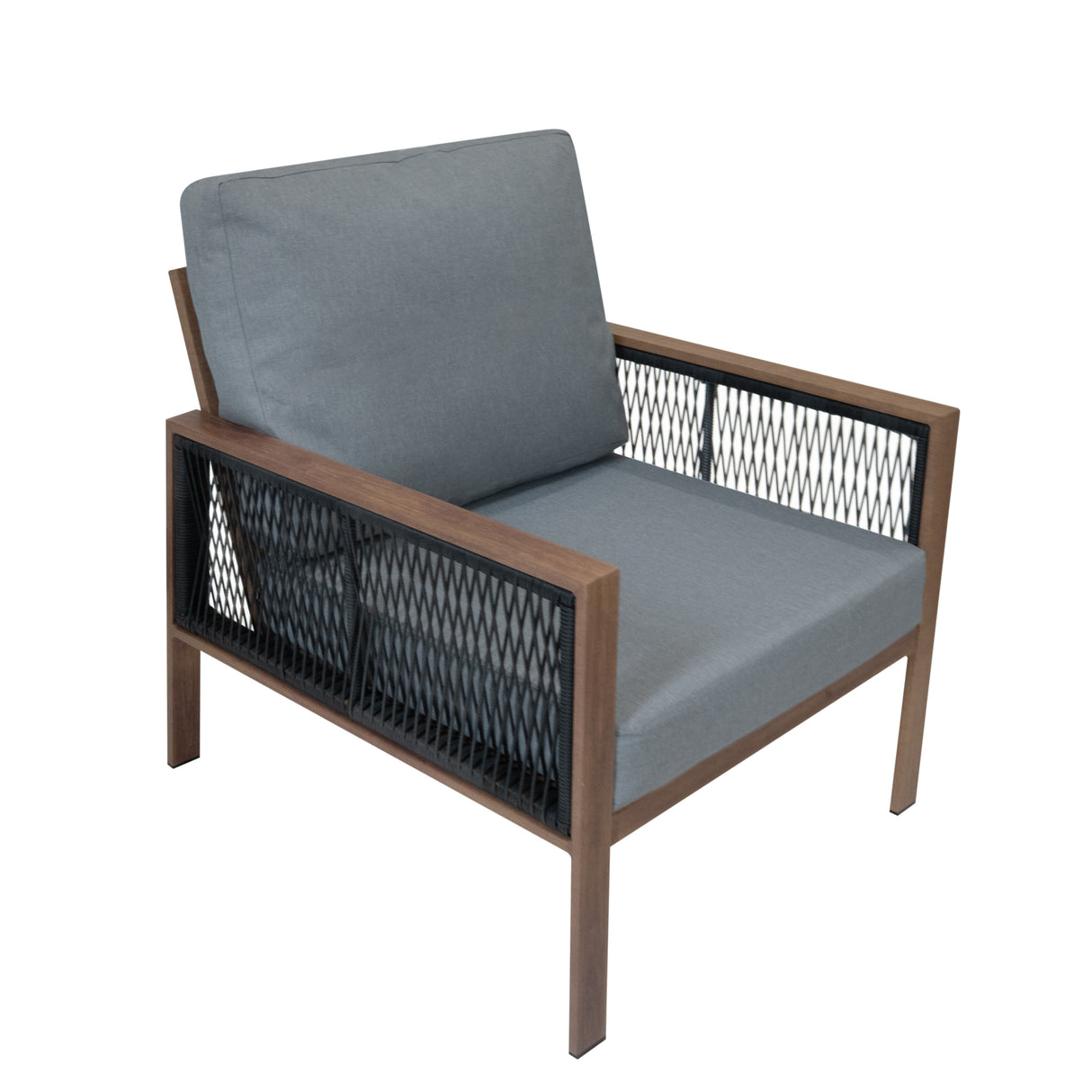 4-teilige Aluminium-Sofagarnitur mit schwarzer Rattan-Aufbewahrungsbox – Holz