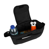 Schwarzer Haustier-Buggy mit geräumigem Innenraum, der eine Wasserflasche, Snacks und Spielzeug sicher aufbewahrt, ideal für Ausflüge mit Haustieren