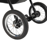 Schwarzer Haustier-Buggy mit robusten, gummierten Rädern und verchromten Felgen, ideal für komfortable Ausflüge mit Ihrem Haustier