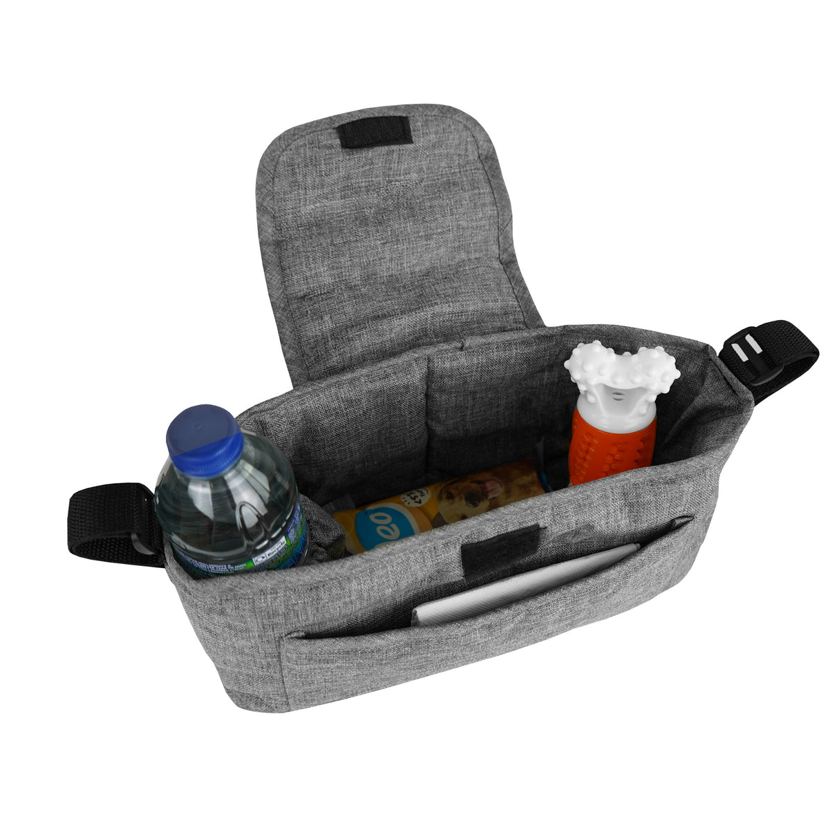 Grau gestreifter Haustier Buggy mit zwei Fächern, gefüllt mit einer Wasserflasche, Snacks und einem Spielzeug, ideal für Ausflüge mit Haustieren