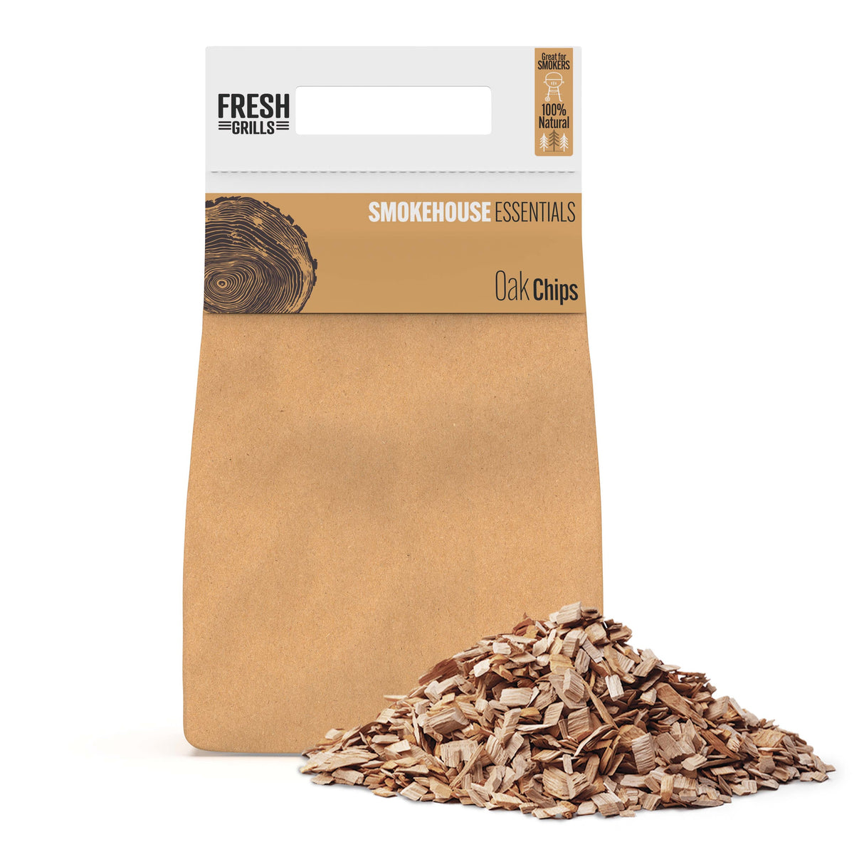 Eichenholzchips in brauner Verpackung, ideal für Grillen und Räuchern, mit einer natürlichen, grobkörnigen Textur und einem warmen, holzigen Farbton