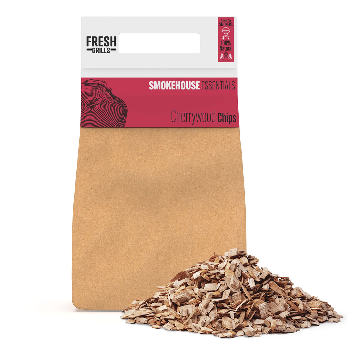 Kirschholz-Holzchips in brauner Verpackung, ideal zum Grillen, mit feiner, rauchiger Textur und natürlichem Aroma für intensiven Geschmack