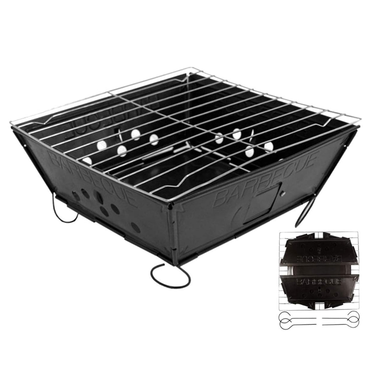 Tragbarer Grill aus robustem Metall mit verchromtem Grillrost, ideal für BBQs, ergänzt durch Apfelholz-Holzchips für aromatisches Grillen