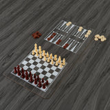 Grau 7-in-1 Spieltisch mit Schach- und Dame-Spiel, aus robustem Material, mit klaren Spielfeldern und bunten Spielsteinen in Rot, Beige und Braun