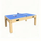 7-in-1 Spieltisch und Sitzbank in Eiche mit blauer Spieloberfläche, stabilen Beinen und Stauraum für Spiele und Zubehör