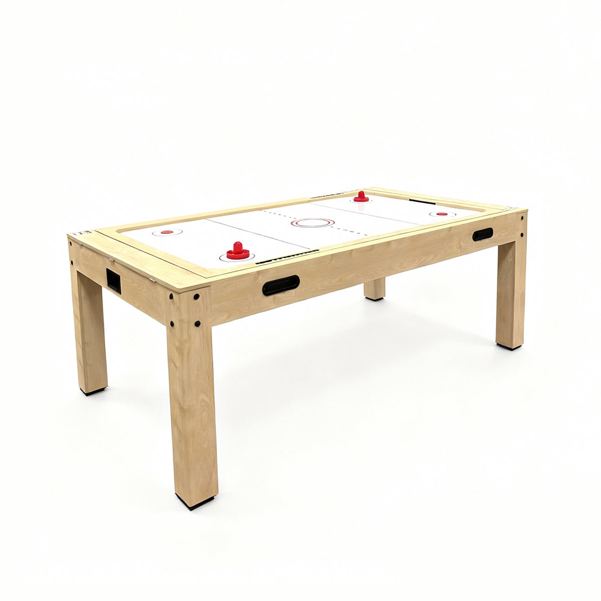 7-in-1 Spieltisch und Sitzbank aus Eiche mit Stauraum, helles Holz, glatte Oberfläche, rote Spielfiguren und vielseitige Nutzungsmöglichkeiten