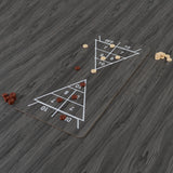 Grau gefärbter Spieltisch mit zwei Dreiecken, weißen Linien und bunten Spielsteinen in rot und beige auf einer dunklen Holzoberfläche