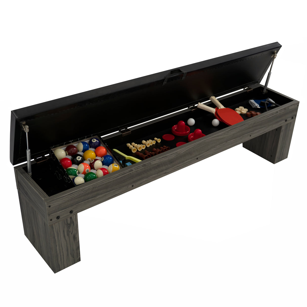 Grau gefärbter Spieltisch mit zwei Sitzbänken, die Stauraum für Spielzeug und Zubehör bieten, aus robustem Holz mit glatter Oberfläche