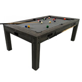 Grau gefärbter 7-in-1 Spieltisch mit zwei Sitzbänken, Stauraum und einem Billardtisch, ausgestattet mit bunten Spielkugeln und einem stabilen Holzrahmen